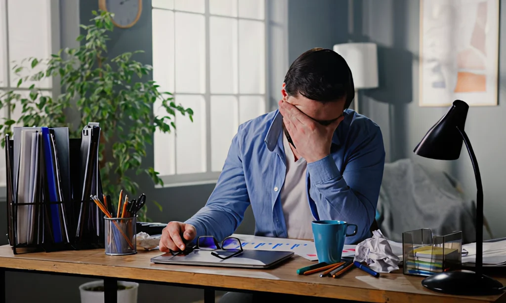 person sitting at desk feeling emotionally overwhelmed and exhausted